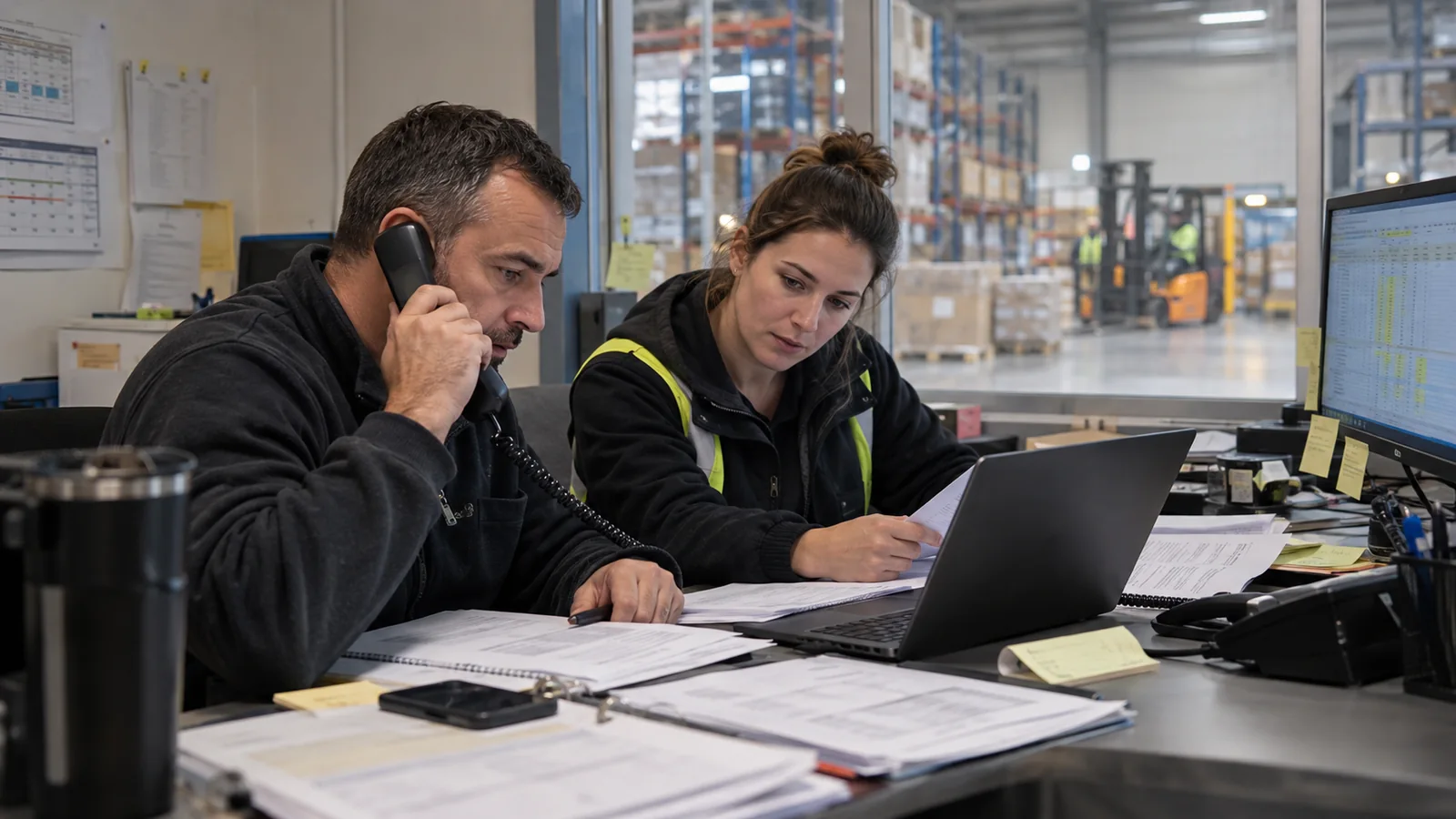 Equipo de logística revisando documentos y planillas para resolver una consulta operativa.