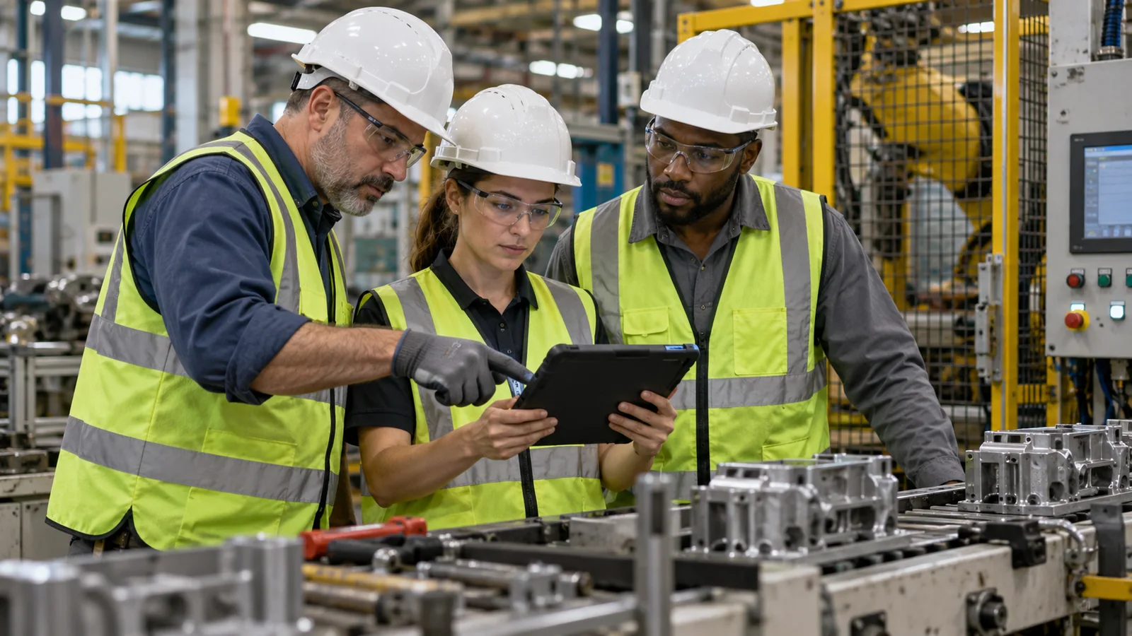 Personal técnico verifica información de producción frente a una máquina.
