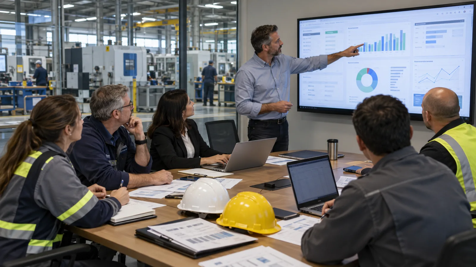 Responsables industriales analizan indicadores y acuerdan acciones de mejora.